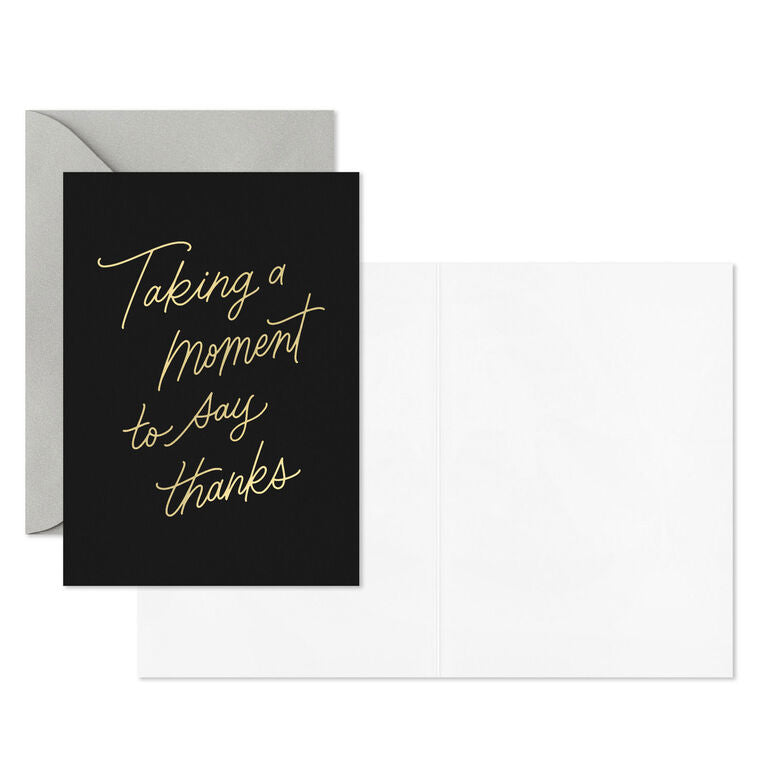 Black thank-you cards with elegant gold foil script reading “Taking a moment to say thanks.”
