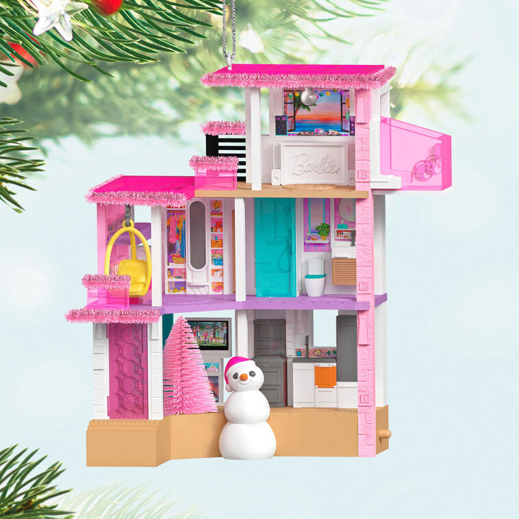 Barbie Dreamhouse ornament, three-story pink house with rooftop studio, Christmas lights, and snowman, Hallmark Keepsake musical decoration.