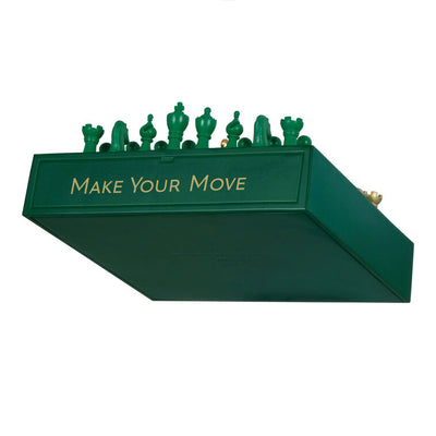 Chess ornament with green and gold pieces on green and white checkerboard, holiday decor for chess enthusiasts

