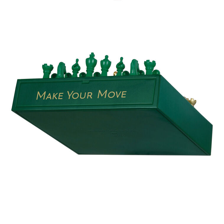 Chess ornament with green and gold pieces on green and white checkerboard, holiday decor for chess enthusiasts


