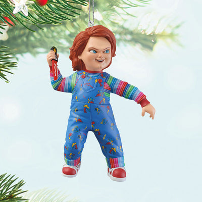 Chucky Christmas ornament inspired by Child’s Play 2, featuring menacing plush Good Guys doll design