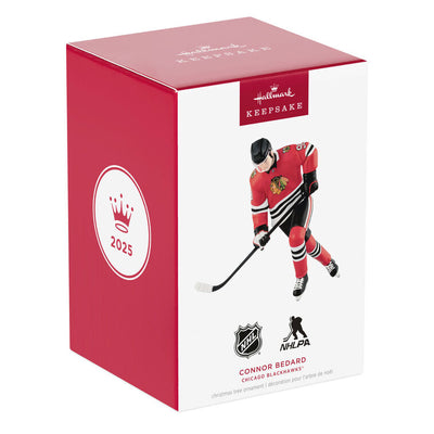 Connor Bedard ornament in Chicago Blackhawks jersey, number 98, action hockey pose, Hallmark NHL Christmas collectible for hockey fans
