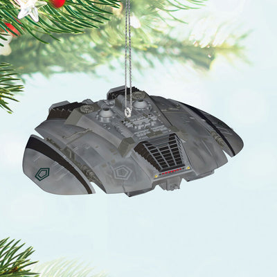 Cylon Raider ornament, detailed saucer-shaped spacecraft from Battlestar Galactica, Hallmark Keepsake Christmas decoration.
