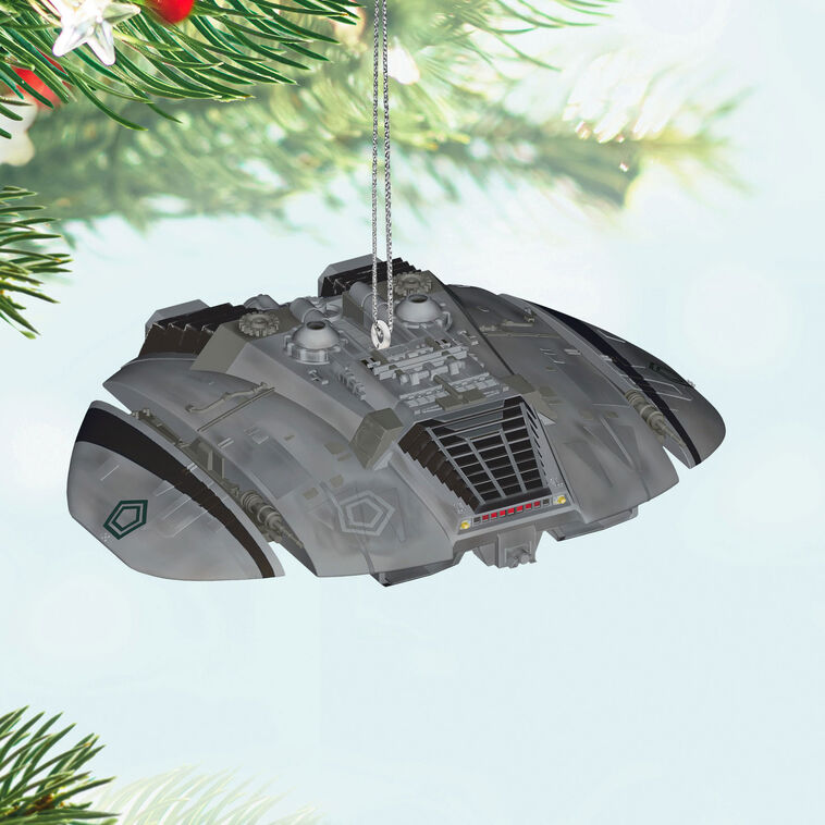 Cylon Raider ornament, detailed saucer-shaped spacecraft from Battlestar Galactica, Hallmark Keepsake Christmas decoration.