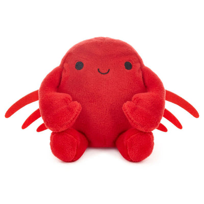 Smiling red plush crab with wire claws holding a gift card, perfect for fun gift presentation.
