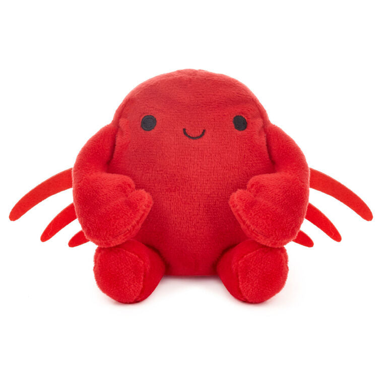 Smiling red plush crab with wire claws holding a gift card, perfect for fun gift presentation.
