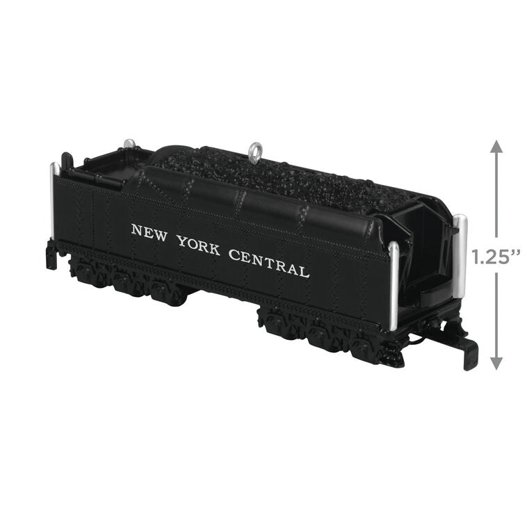 Hallmark Keepsake Lionel New York Central Vanderbilt Tender ornament, black die-cast metal train coal car with turning wheels and NY Central markings.