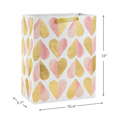 Hallmark 13-inch large gift bag with gold foil and pink watercolor hearts, romantic heart pattern, and sturdy handles
