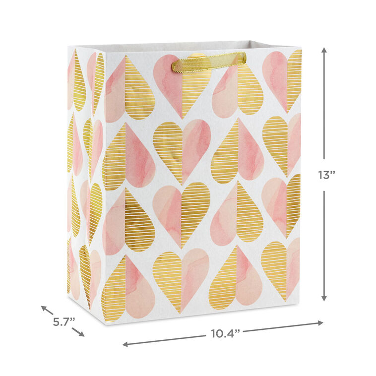 Hallmark 13-inch large gift bag with gold foil and pink watercolor hearts, romantic heart pattern, and sturdy handles
