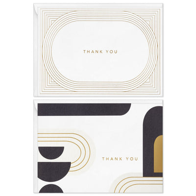 Assorted thank-you cards with modern gold foil ovals and abstract black and ivory shapes on white.
