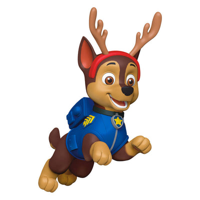 Chase Paw Patrol Christmas ornament in blue uniform with reindeer antlers, Hallmark Keepsake, German shepherd pup holiday decoration.