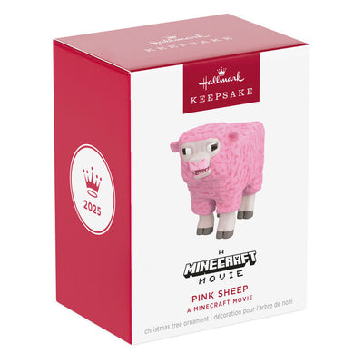 Hallmark Keepsake Minecraft Movie Pink Sheep ornament featuring the rare pink sheep mob with cross eyes and soft woolly texture.