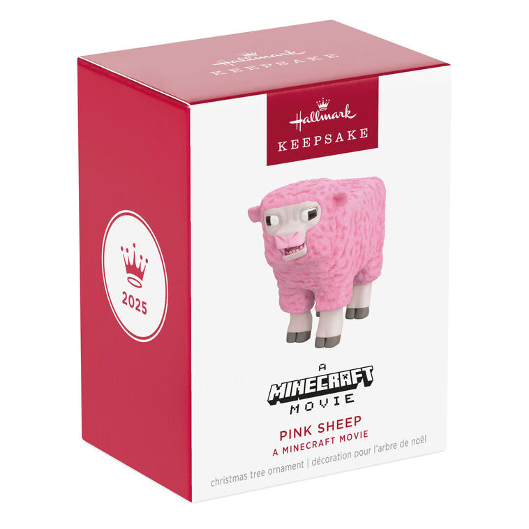Hallmark Keepsake Minecraft Movie Pink Sheep ornament featuring the rare pink sheep mob with cross eyes and soft woolly texture.