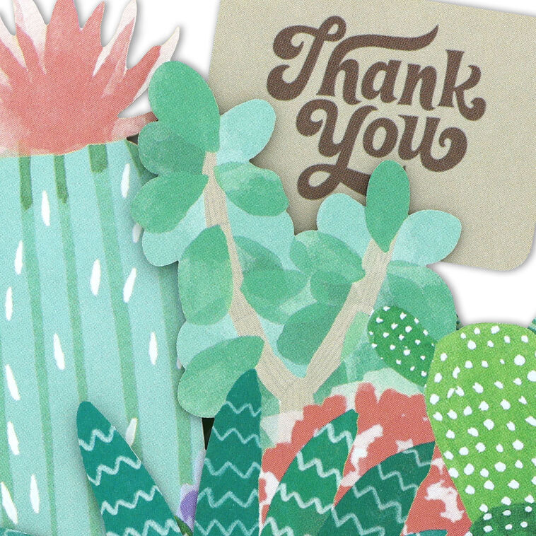 Die-cut thank-you cards with fold-out illustrated potted succulents and cacti in display-ready shapes.
