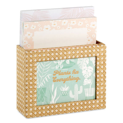Tropical memo cube set with palm tree and stripe artwork, note pad, displayable prints, and pastel note cards.
