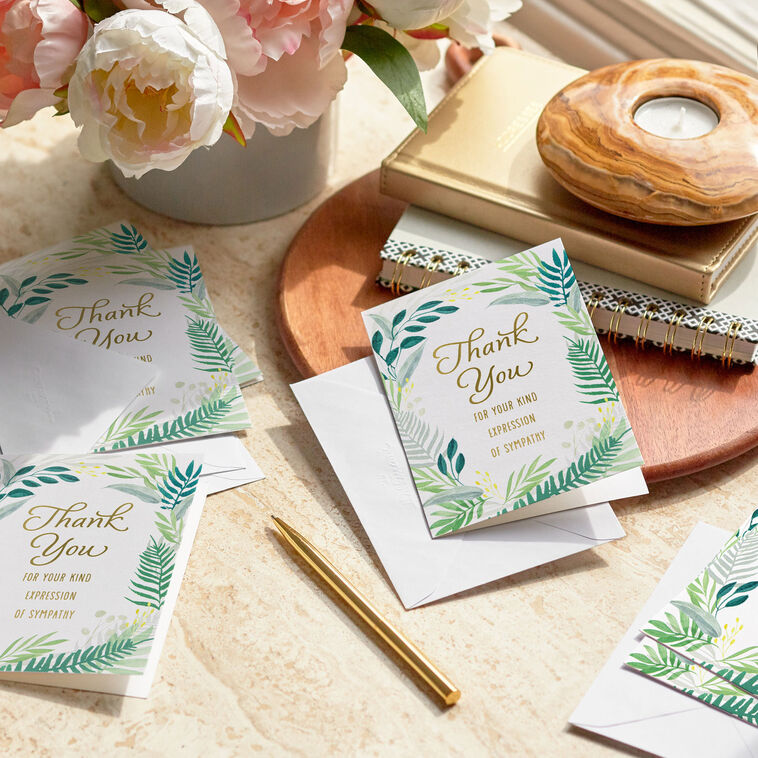 Sympathy cards with green fern border and gold foil thank you message, includes 10 blank cards and envelopes for loss or condolence notes