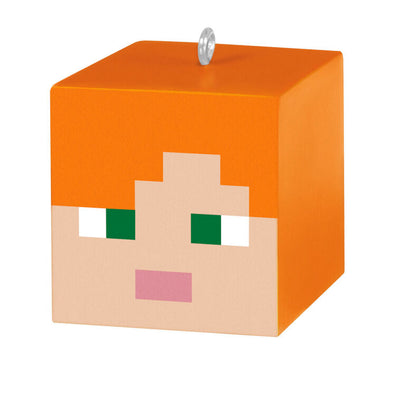 Set of three Minecraft mini ornaments featuring Alex, Steve, and an arctic fox heads in pixelated cube style with dimensional ears.