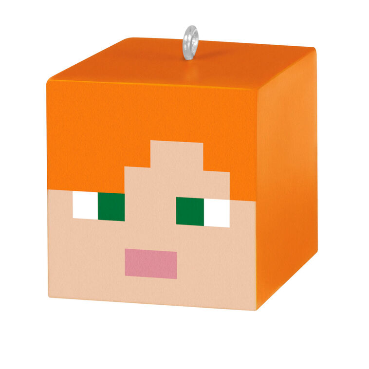 Set of three Minecraft mini ornaments featuring Alex, Steve, and an arctic fox heads in pixelated cube style with dimensional ears.