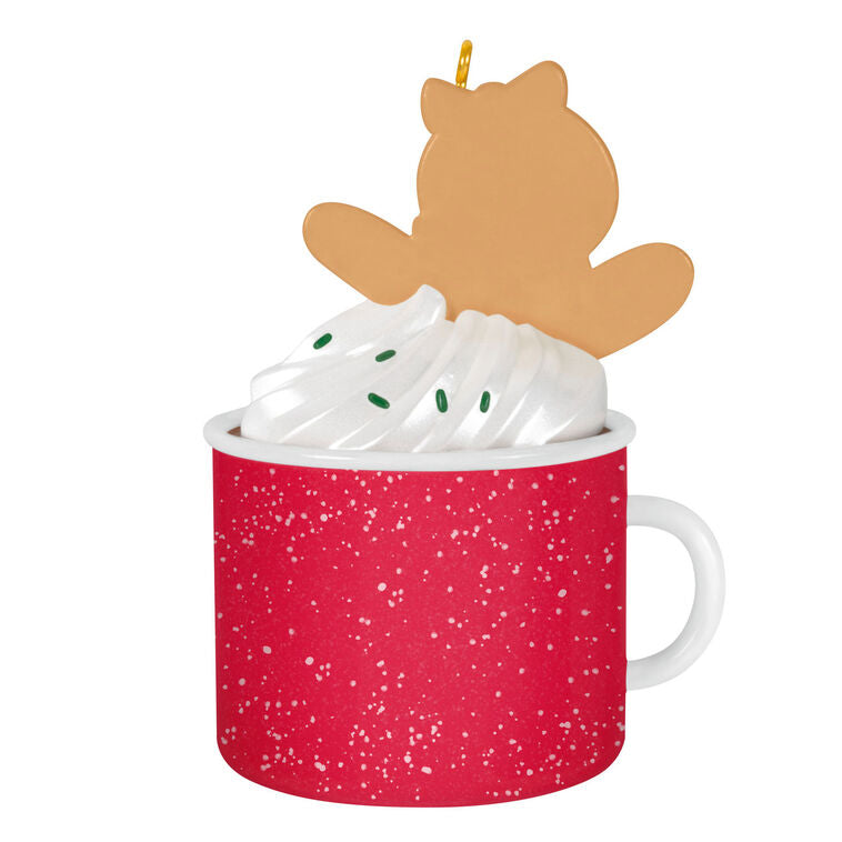 2025 Christmas ornament of gingerbread daughter cookie in red mug with whipped cream, festive holiday design

