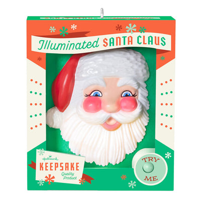 Retro Santa face ornament in festive box with light-up rosy cheeks and beard, battery operated Christmas decoration


