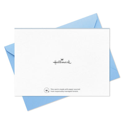 Elegant white thank-you cards with gold foil lettering, light blue border, and narrow gold frame.
