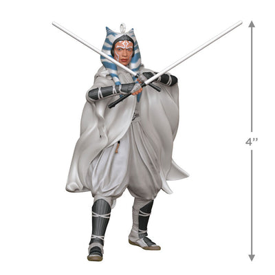 Ahsoka Tano ornament in gray cloak with dual white lightsabers drawn, posed for battle as seen in Star Wars: Ahsoka.