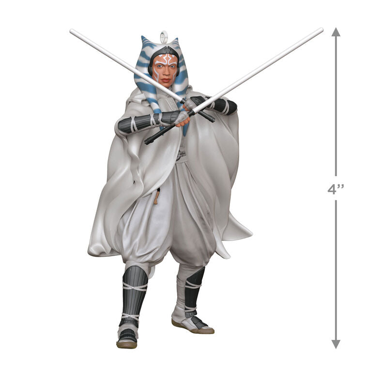 Ahsoka Tano ornament in gray cloak with dual white lightsabers drawn, posed for battle as seen in Star Wars: Ahsoka.