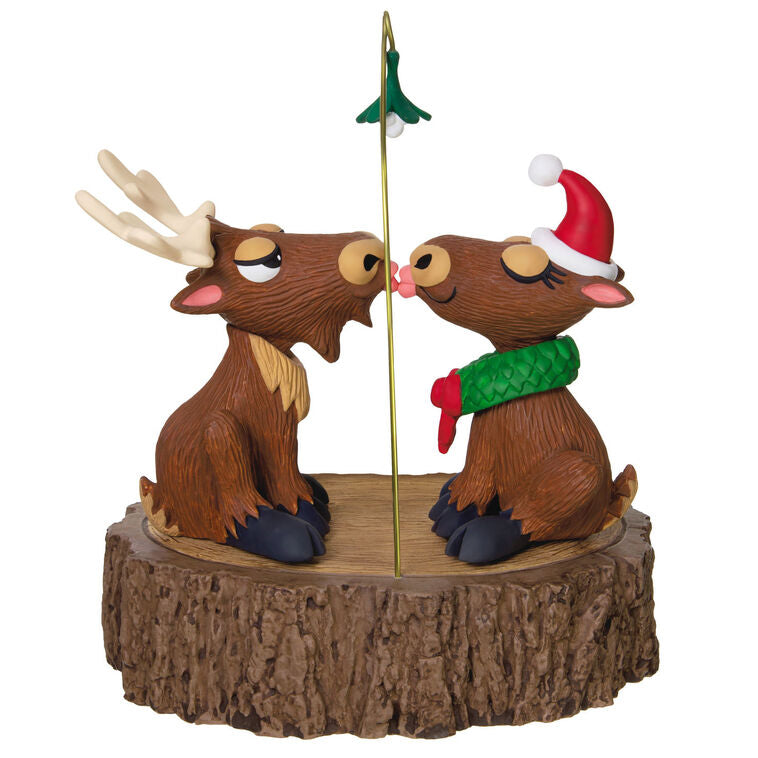 Moose couple Christmas ornament under mistletoe with motion and music playing "We Wish You a Merry Christmas," battery 
