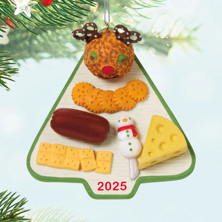 Hallmark Keepsake Season’s Treatings 2025 ornament—tree-shaped charcuterie board with cheeses, meat, crackers, snowman knife, and reindeer cheese ball
