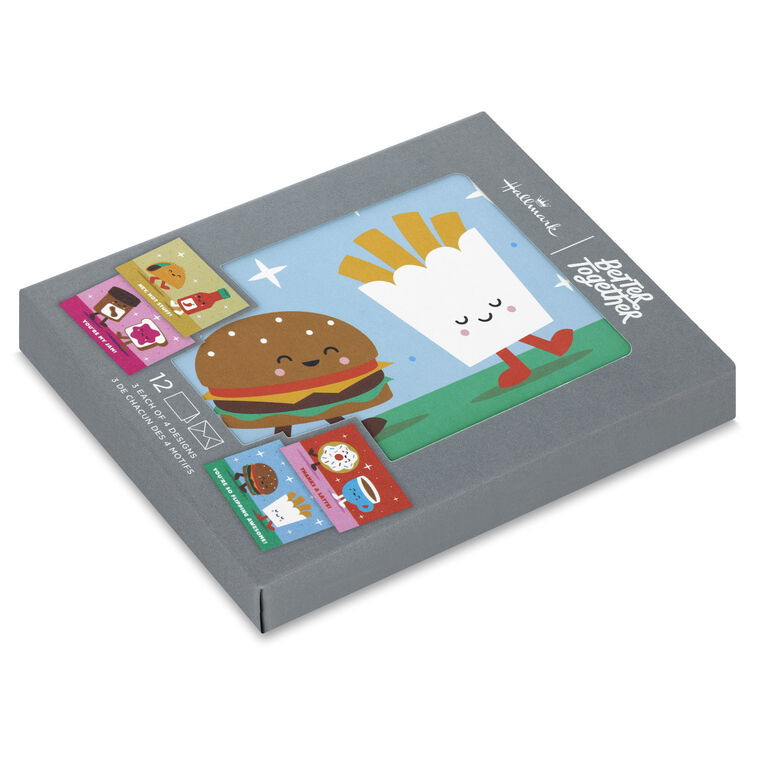 Colorful food pun note cards featuring duos like taco and hot sauce, peanut butter and jelly, and donut and coffee.
