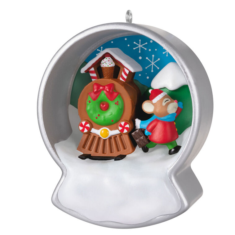 Hallmark Keepsake Cookie Cutter Christmas ornament—silver cookie cutter snow globe with mouse on gingerbread train, frosting and candy details