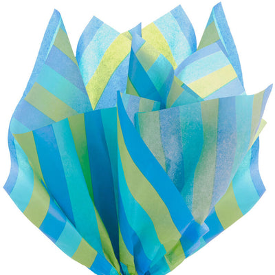 Hallmark tissue paper in bold horizontal stripes of royal blue, aqua, and green, shown both flat and fluffed in a white gift bag.