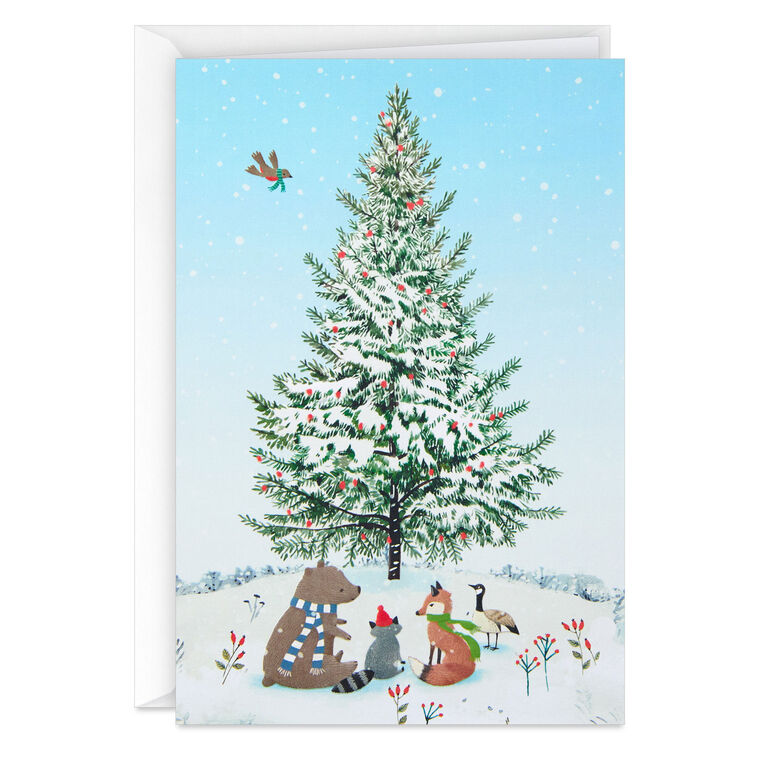 Woodland Critters Around a Snowy Tree Packaged Christmas Cards, Set of 5