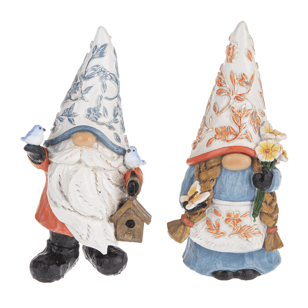 A set of two 6.5-inch spring-themed gnome figurines with floral hats and cheerful pastel colors.

