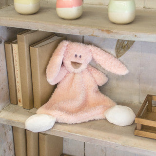 Cream-colored plush bunny rattle blankie with long floppy ears, embroidered face, and soft cuddly fabric, 13 inches wide.