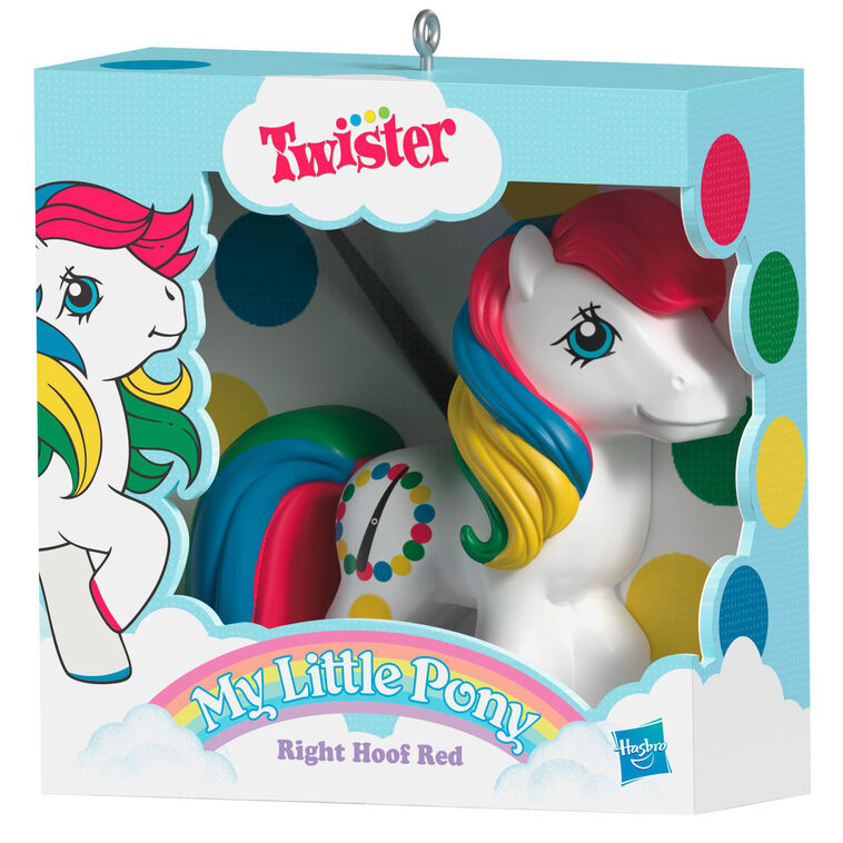 Hallmark Keepsake Hasbro My Little Pony Retro Twister Right Hoof Red ornament, white pony with rainbow mane and Twister spots.
