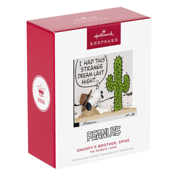 Hallmark Keepsake ornament of Spike, Snoopy’s brother, resting by a cactus and rock, comic strip design, Peanuts, 2025 Premiere event.