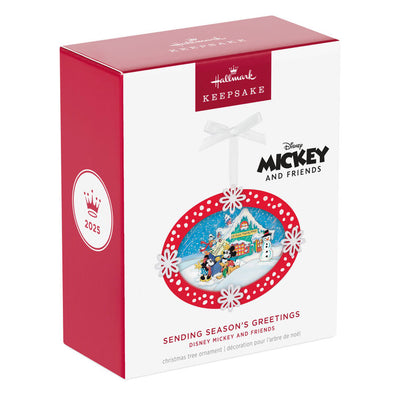 Hallmark Keepsake Disney Mickey and Friends Sending Season’s Greetings Papercraft ornament, Mickey, Minnie, Donald, Pluto, mailbox, holiday scene.
