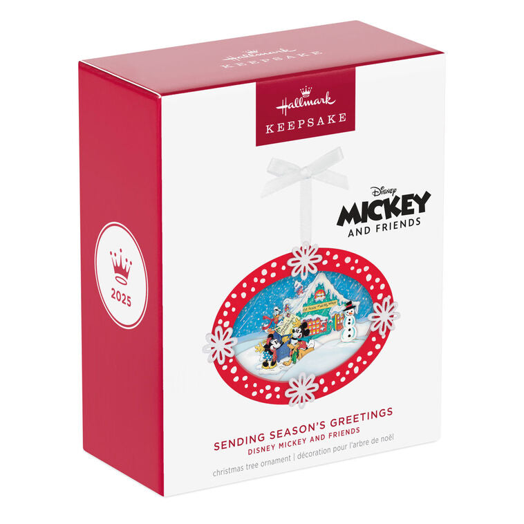 Hallmark Keepsake Disney Mickey and Friends Sending Season’s Greetings Papercraft ornament, Mickey, Minnie, Donald, Pluto, mailbox, holiday scene.