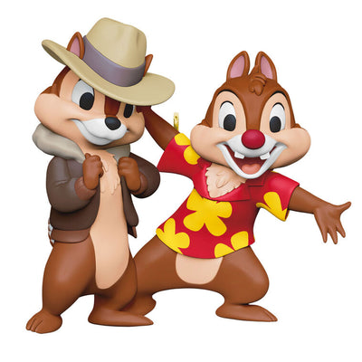Chip and Dale Rescue Rangers ornament in detective outfits from Disney Afternoon cartoon, holiday collectible.

