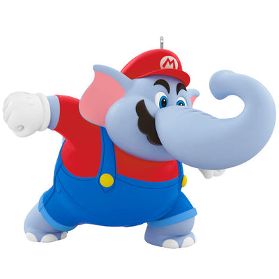 Elephant Mario ornament in red cap and overalls, gray pachyderm form from Super Mario Bros. Wonder, Hallmark Nintendo Christmas collectible
