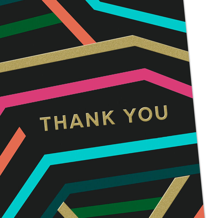 Black thank-you cards with angular neon lines in bold colors and gold foil lettering.
