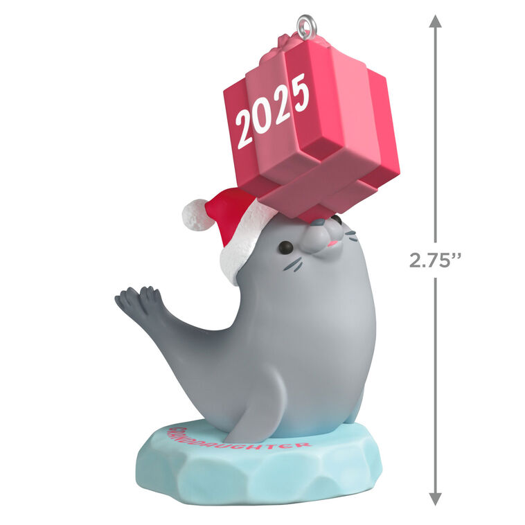 2025 Christmas ornament with gray seal in Santa hat on iceberg, balancing pink present on nose, festive design

