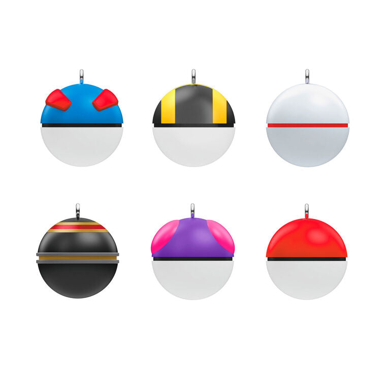 Set of six mini Pokémon Poké Ball ornaments including Poké, Great, Ultra, Master, Premiere, and Luxury Balls, for tabletop tree or display.