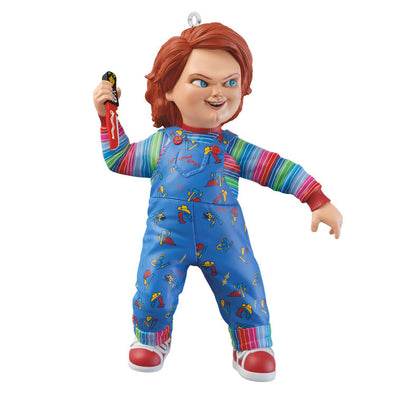 Chucky Christmas ornament inspired by Child’s Play 2, featuring menacing plush Good Guys doll design