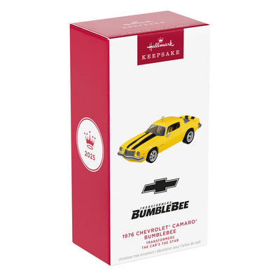 Yellow and black 1976 Chevrolet Camaro ornament from Transformers with turning wheels, representing Bumblebee in Earth vehicle disguise.