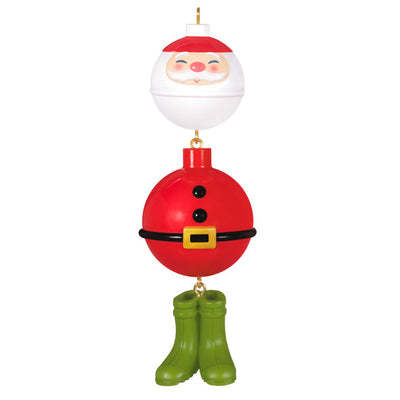 Christmas ornament with fishing bobbers shaped like Santa, wearing green wading boots, perfect for fishing enthusiasts

