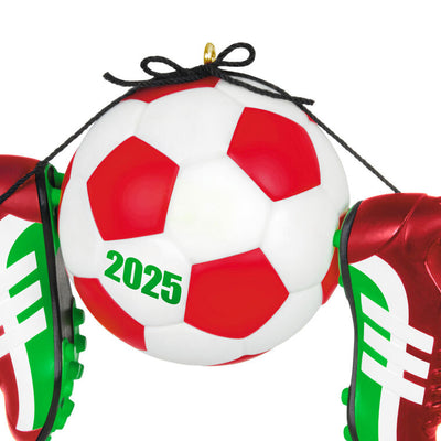 Christmas ornament with soccer ball and red-green cleats, year-dated 2025 for soccer players and coaches

