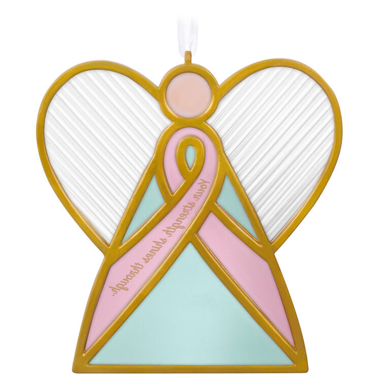 Pink ribbon angel ornament—Hallmark glass angel with gold outlines and pink breast cancer awareness ribbon, benefits Susan G. Komen®