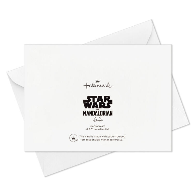 Hallmark Star Wars note cards featuring R2-D2 and Grogu with “Hello Friend” text on a white background, boxed set of 10 with envelopes.